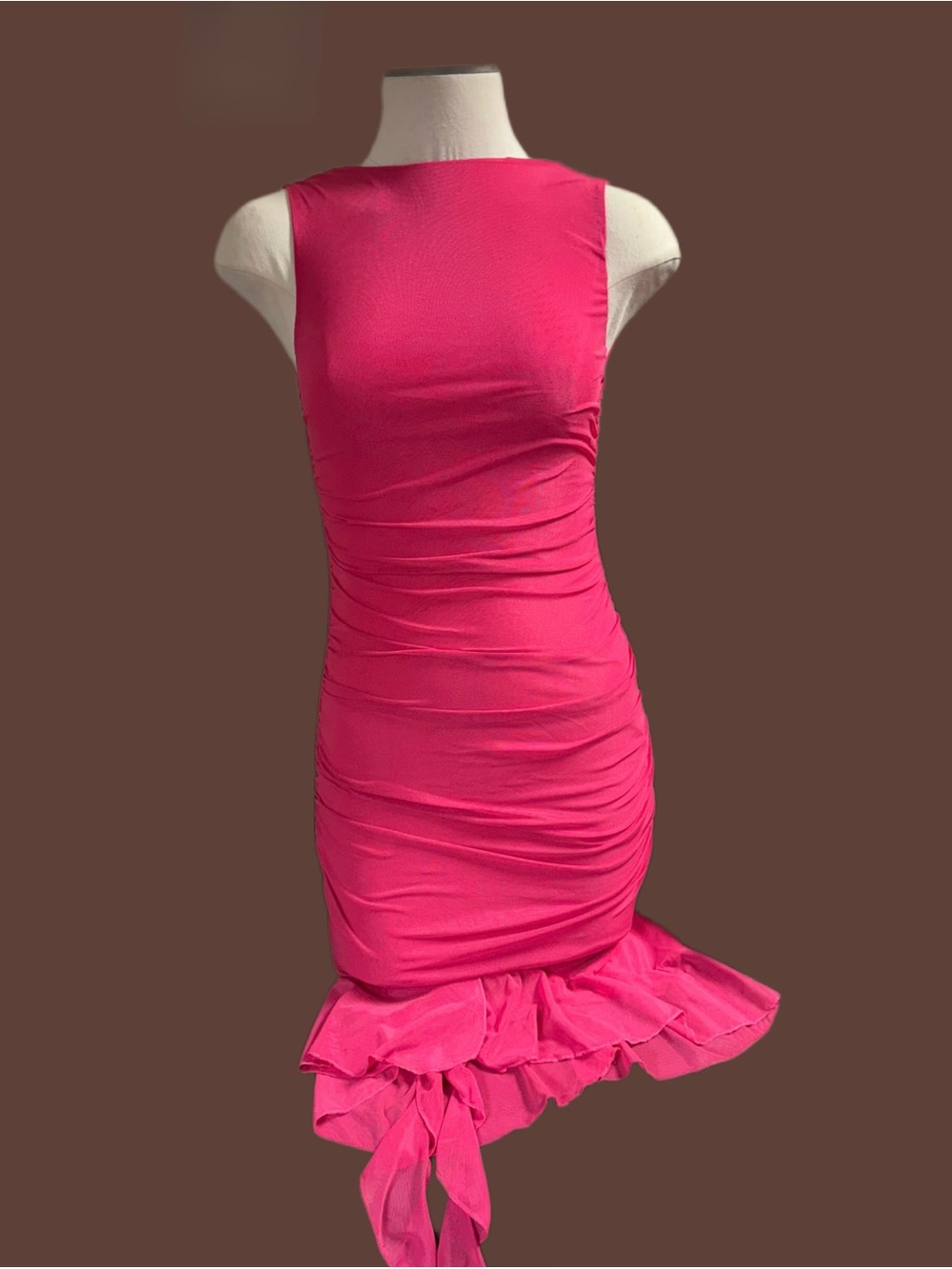 Sleeveless Hot Pink Ruched High-Low Ruffle Dress